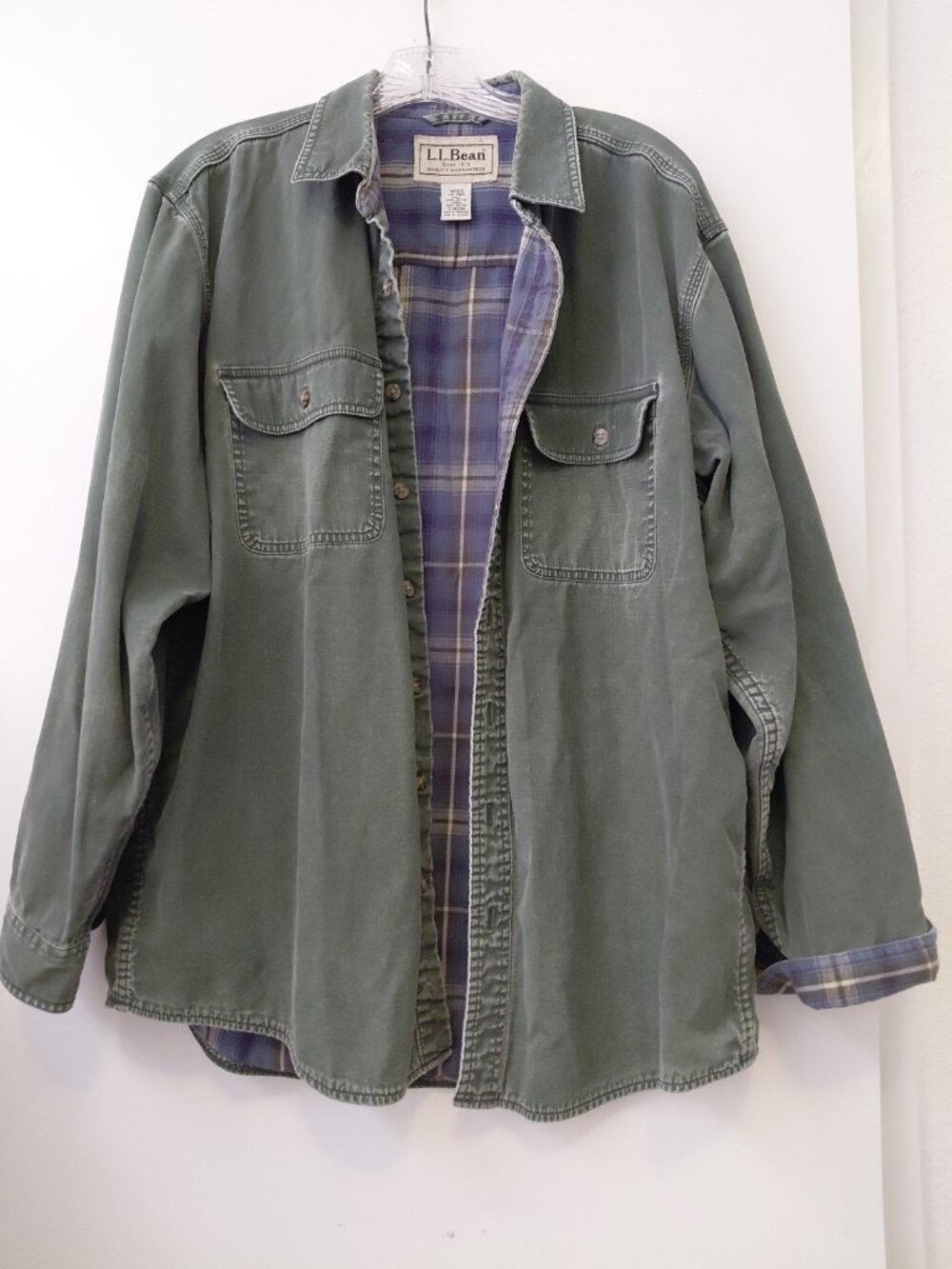 VTG LL Bean Hurricane Shirt Green Mens Large Flannel Lined Button Up Canvas